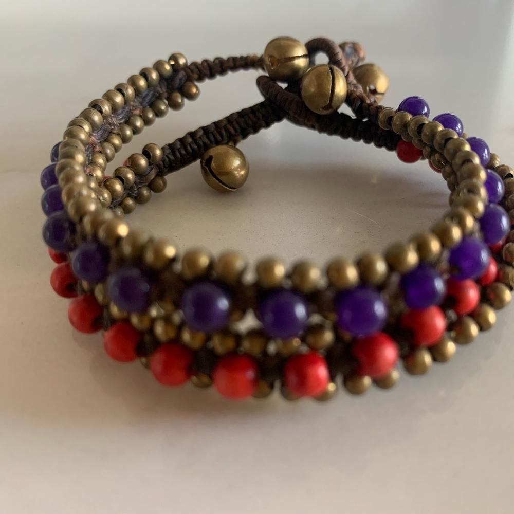4 / 20 $ SALE Set Two beaded and brass bracelets with bells 7.5 inches
